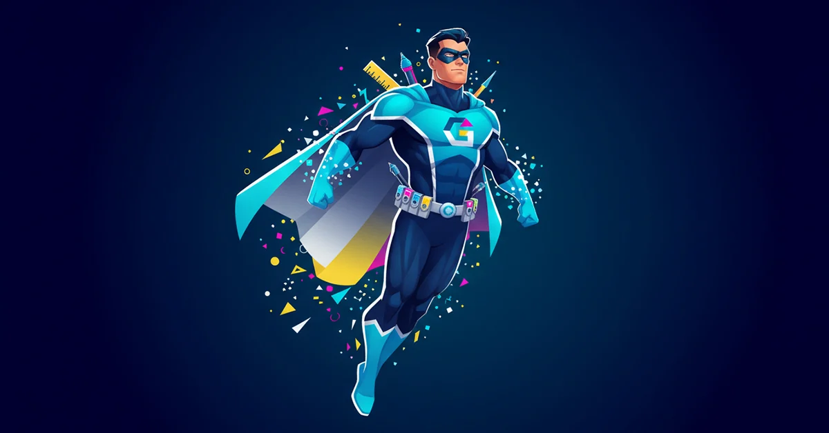 Illustratie van een superheld in een blauw en zwart pak met cape, masker en utility belt, vliegend tegen een donkerblauwe achtergrond met kleurrijke geometrische vormen.