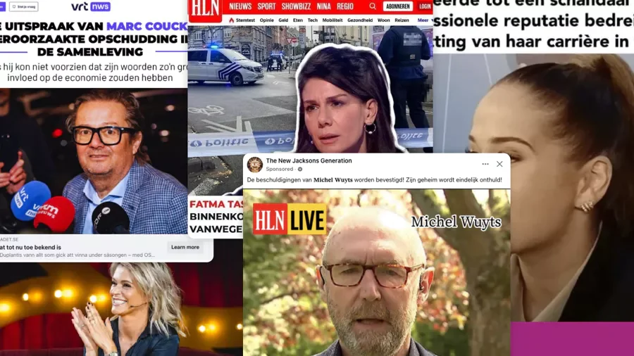 Er wordt een collage van nieuwsschermen getoond met verschillende mensen, krantenkoppen, auto's en lichtkranten, met in het midden een prominente pop-up waarschuwing over nepadvertenties.