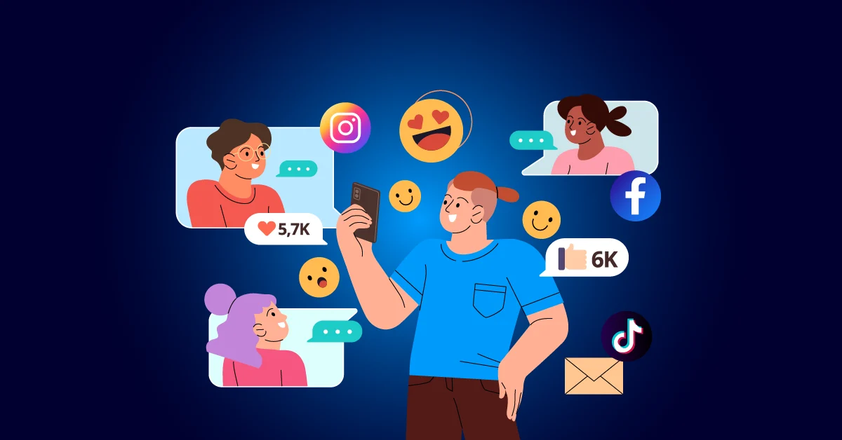 Illustratie van een persoon die een telefoon gebruikt, omringd door pictogrammen van sociale media, berichten, reacties en digitale interacties met drie andere mensen.