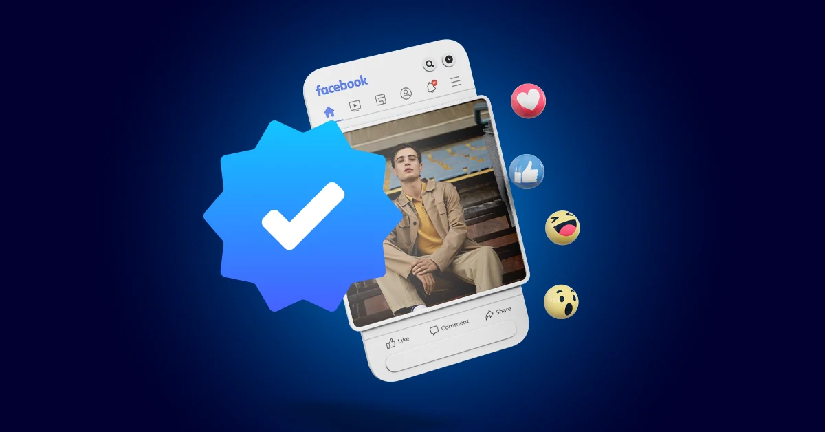 Een smartphonescherm toont een Facebook-post met een geverifieerde badge, reactiepictogrammen zweven in de buurt en een man is afgebeeld in de post.