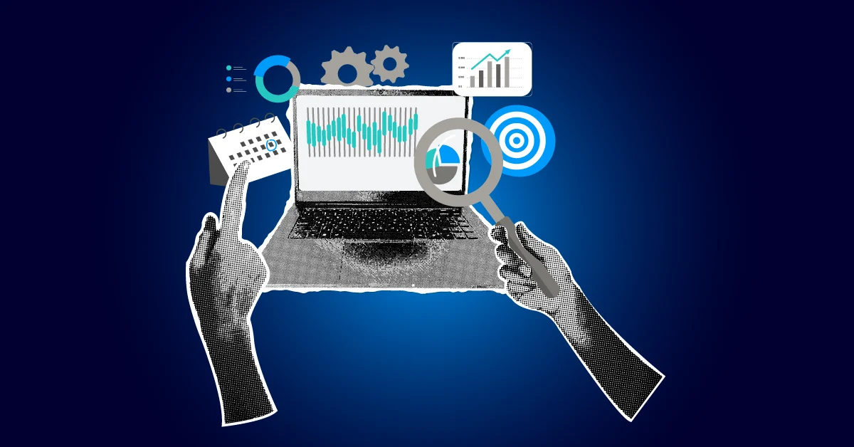 Illustratie van handen in interactie met een laptop die gegevensgrafieken, grafieken, tandwielen en een doelpictogram weergeeft, als symbool voor gegevensanalyse en bedrijfsstrategie.