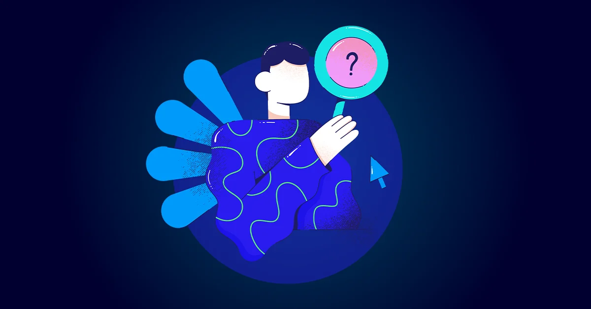 Illustratie van een persoon die een vergrootglas vasthoudt met een vraagteken erin, tegen een donkerblauwe achtergrond met abstracte vormen - perfect voor thema's als personeel vinden op social media.