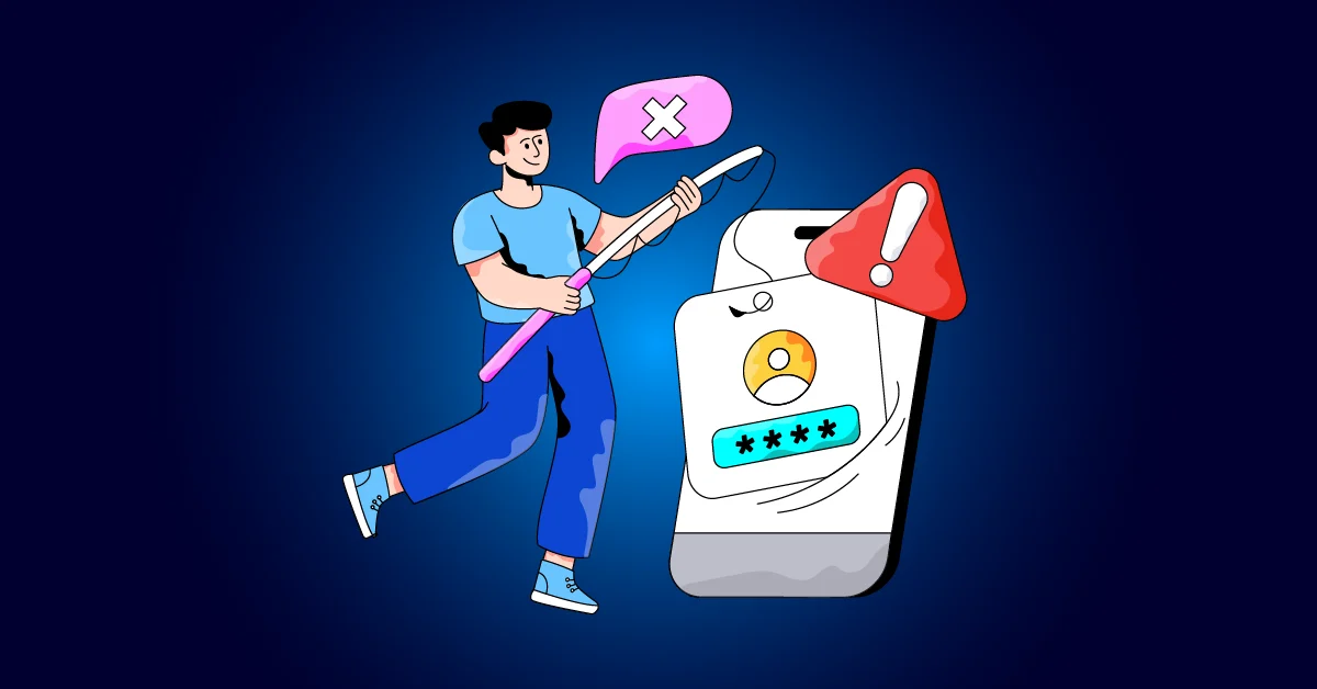Illustratie van een persoon die een wachtwoord wist op een smartphonescherm, met een waarschuwingssymbool en een tekstballon met een X, op een donkerblauwe achtergrond.