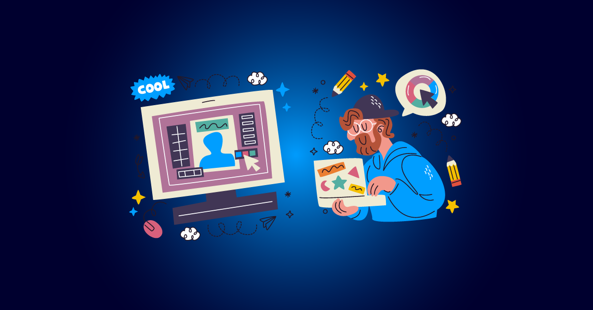 Illustratie van een persoon met een laptop met afbeeldingen op het scherm, naast een desktopmonitor met een profielpagina, omringd door creatieve pictogrammen.