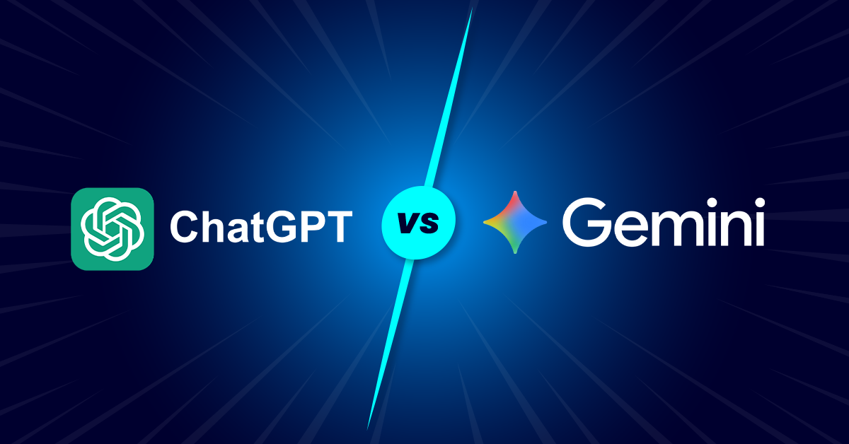 Een afbeelding met het ChatGPT-logo en tekst aan de linkerkant, het Gemini-logo en tekst aan de rechterkant, gescheiden door een diagonale blauwe lijn met "vs" in het midden.