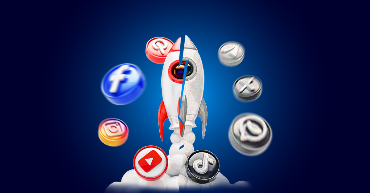 Een raket omringd door zwevende pictogrammen van sociale media, waaronder Facebook, Instagram, Pinterest, TikTok en YouTube, tegen een blauwe achtergrond.