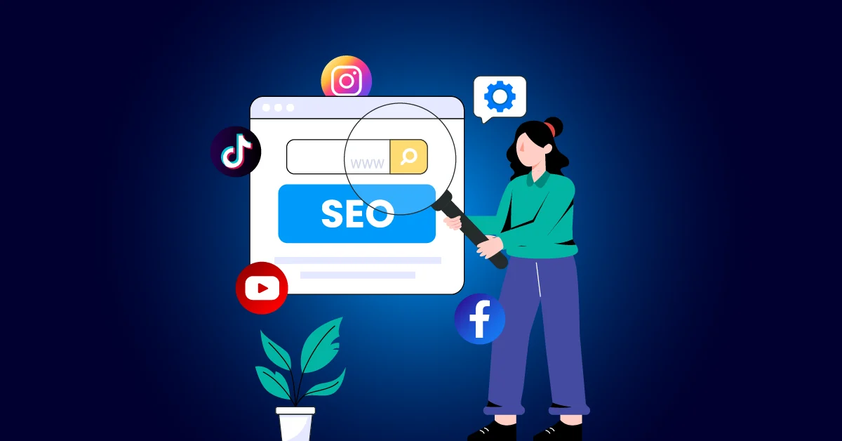 Illustratie van een persoon met een vergrootglas die wijst naar een browservenster met het label "SEO", omringd door pictogrammen van sociale media zoals Instagram, TikTok, YouTube en Facebook - perfect om SEO van sociale media en online bereik te visualiseren.