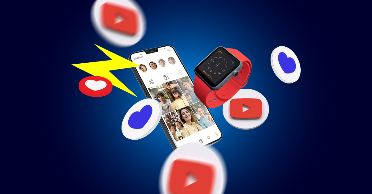 Een smartphone met een social media-app en een rode smartwatch worden omringd door zwevende pictogrammen voor 'vind ik leuk' en het delen van video's. Dit symboliseert hoe social commerce en Youtube producten verkopen via social media mogelijk maken op een donkerblauwe achtergrond.