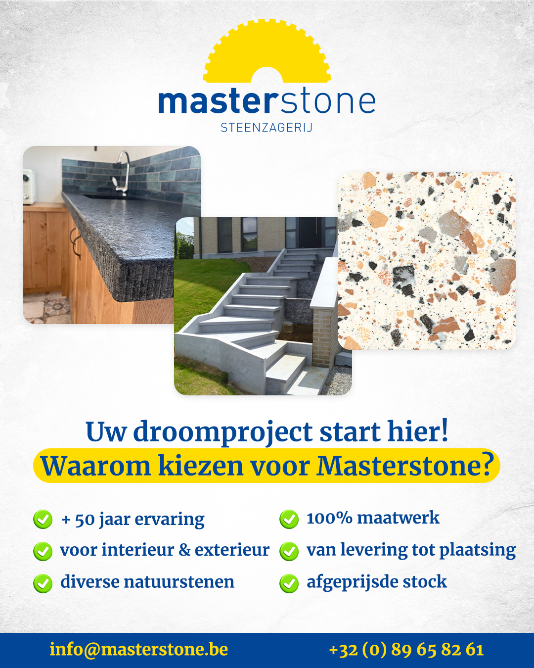 Promotiefolder voor Masterstone met afbeeldingen van stenen oppervlakken en trappen, hoogtepunten van de service en contactgegevens op een blauwe en gele achtergrond.