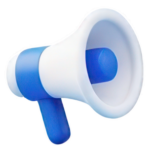 Een blauw en wit megafoonpictogram met een blauw handvat, gezien vanaf de linkervoorkant, op een effen witte achtergrond - perfect voor het illustreren van sociale-mediamarketing of het stimuleren van online zichtbaarheid.