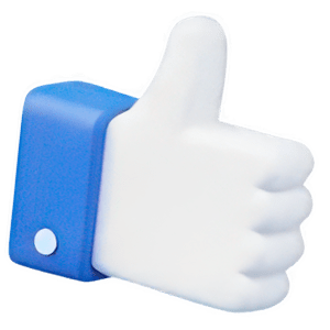 Een 3D-illustratie van een witte hand die een duim omhoog geeft met een blauwe manchet, die lijkt op het 'vind ik leuk'-pictogram van Facebook, symboliseert effectief beheer van sociale media op een effen achtergrond.