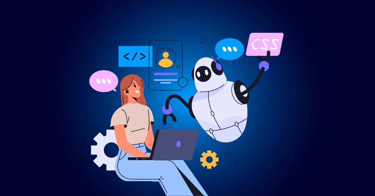 Een vrouw zit met een laptop terwijl een robot een CSS-bord vasthoudt; codering en digitale interfacepictogrammen omringen hen op een donkerblauwe achtergrond.