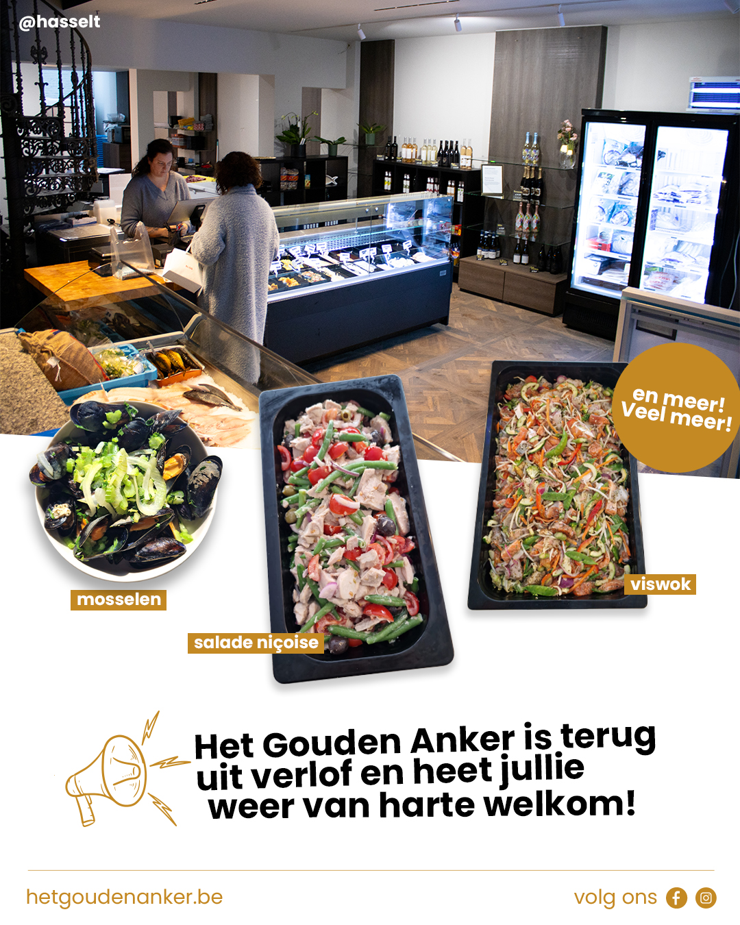 Interieur van een delicatessenzaak met etalages, een vrouw die een klant bedient en close-ups van mosselen, salade niçoise en wokgerechten met vis; tekst kondigt de heropening van Het Gouden Anker aan.