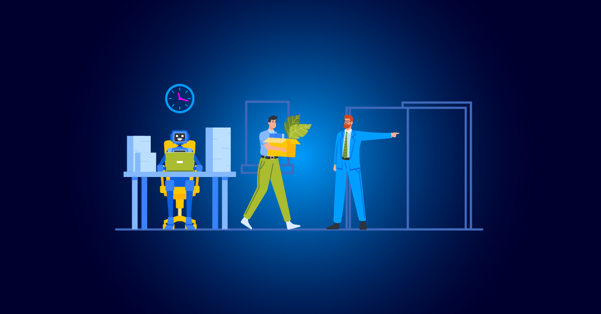 Een man draagt een doos met spullen terwijl een andere man in een pak naar de uitgang wijst; vlakbij zit een humanoïde robot aan een bureau, wat duidelijk maakt hoe Ai banen verandert en hoe belangrijk het is om onze carrières klaar te maken voor de toekomst.
