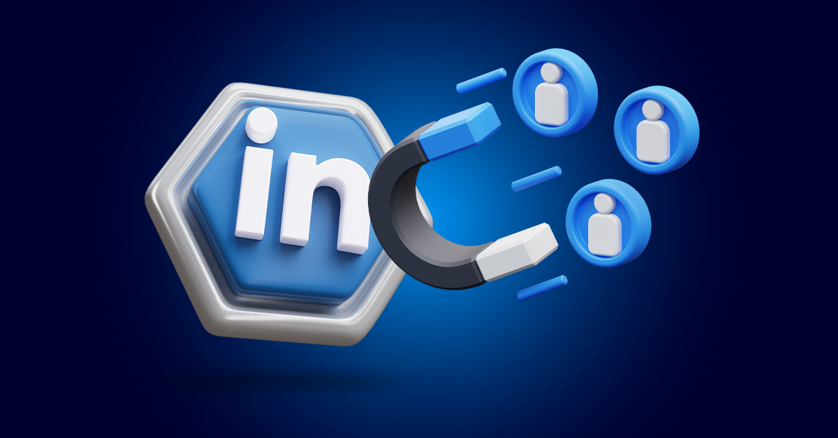 3D illustratie van een LinkedIn logo naast een hoefijzermagneet die blauwe icoontjes aantrekt die mensen voorstellen, symbool voor het genereren van leads op LinkedIn, tegen een donkerblauwe achtergrond.