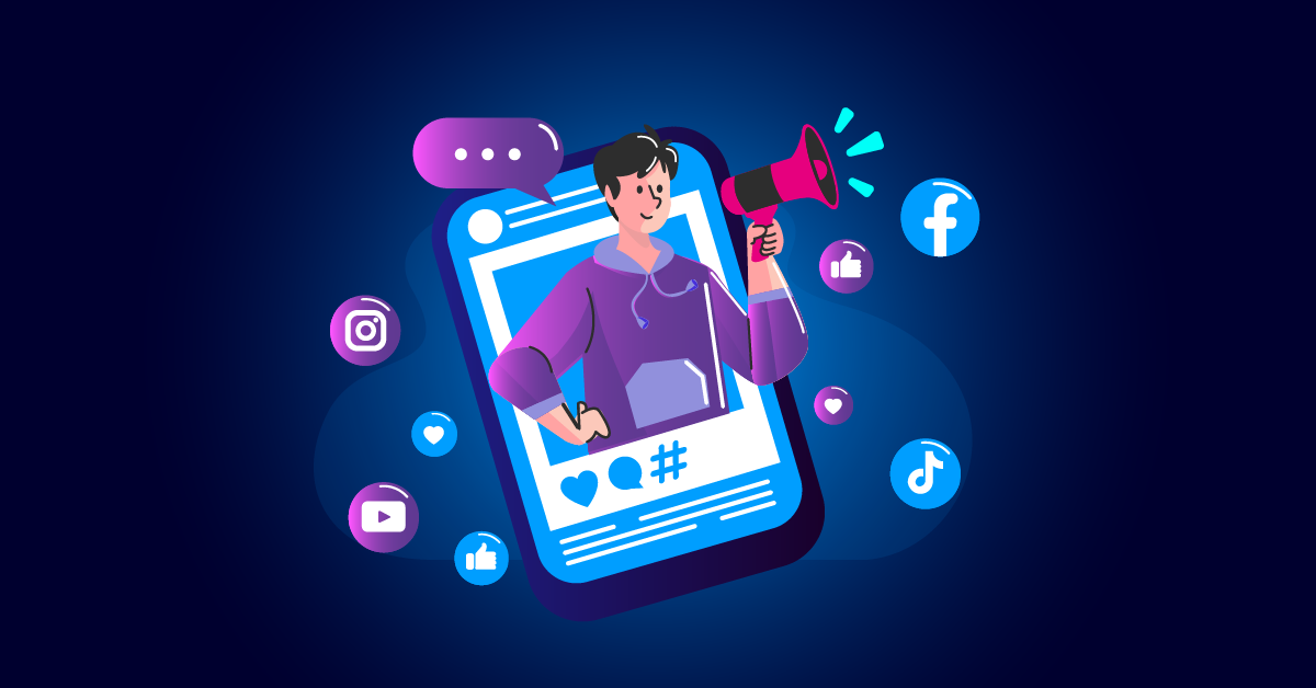 Illustratie van een persoon die een megafoon vasthoudt, die tevoorschijn komt uit een smartphonescherm, omringd door pictogrammen van sociale media zoals Facebook, Instagram, YouTube en TikTok.