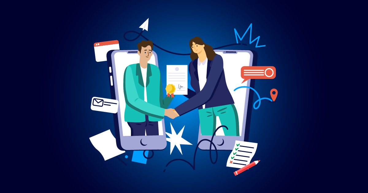 Illustratie van een man en een vrouw die elkaar de hand schudden terwijl ze uit een smartphone komen, verbinden met potentiële klanten, omringd door digitale pictogrammen die communicatie en zakelijke taken voorstellen.