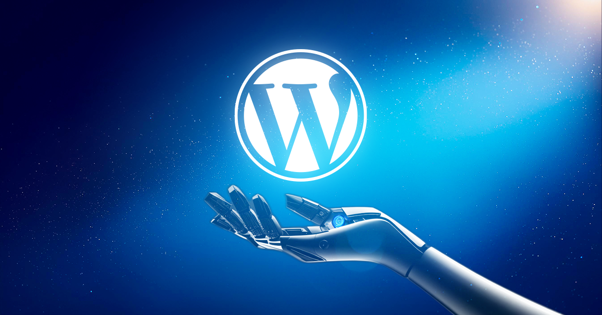 Een robothand reikt naar een gloeiend WordPress-logo op een blauwe gradiëntachtergrond met verstrooid licht en deeltjes.