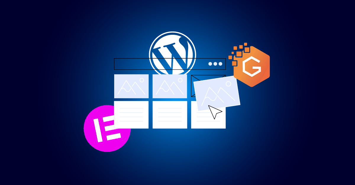 Illustratie van WordPress-, Elementor- en Gutenberg-logo's met webpagina-elementen en afbeeldingsminiaturen, met de nadruk op moderne paginabouwertools op een donkerblauwe achtergrond.