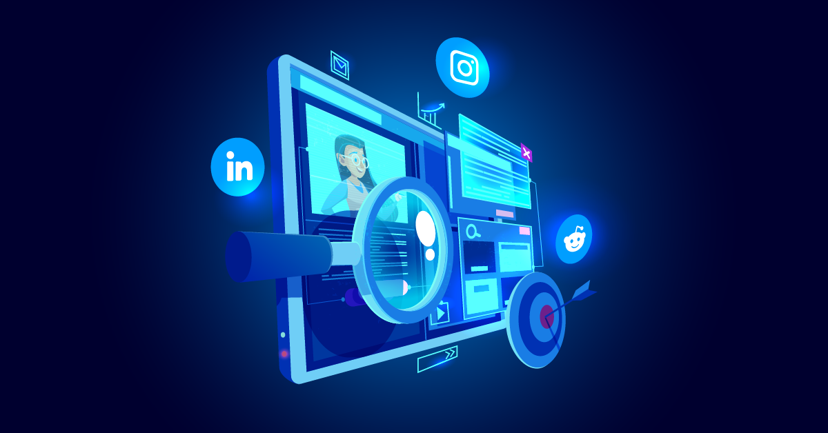 Illustratie van een vergrootglas dat sociale-mediaprofielen onderzoekt op een digitaal scherm, met LinkedIn-, Instagram- en Reddit-pictogrammen in de buurt.