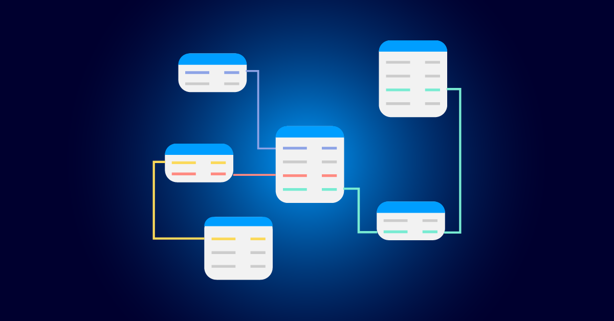 Diagram met zes databasetabellen verbonden door gekleurde lijnen, die relaties tussen tabellen illustreren op een donkerblauwe achtergrond met kleurverloop.