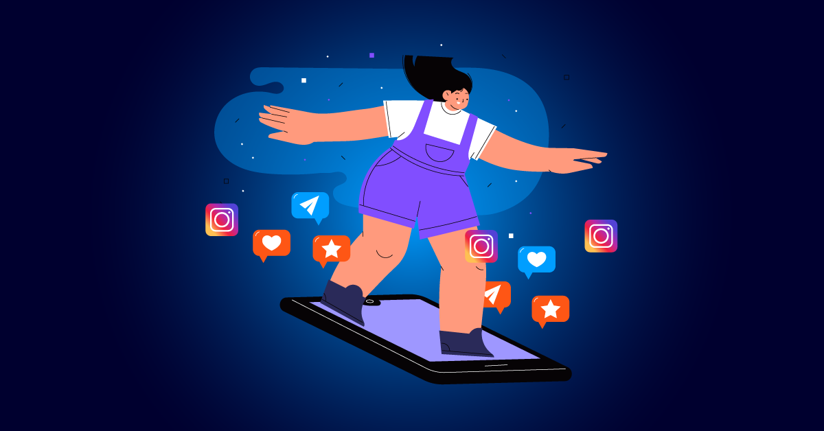 Illustratie van een persoon die op een grote smartphone rijdt als op een skateboard, omringd door social media iconen zoals Instagram, Telegram en likes, op een donkerblauwe achtergrond.