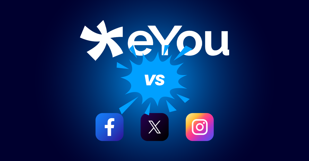 Een afbeelding met het eYou-logo boven een blauwe "vs"-uitbarsting, met daaronder Facebook-, X- (Twitter) en Instagram-appiconen.