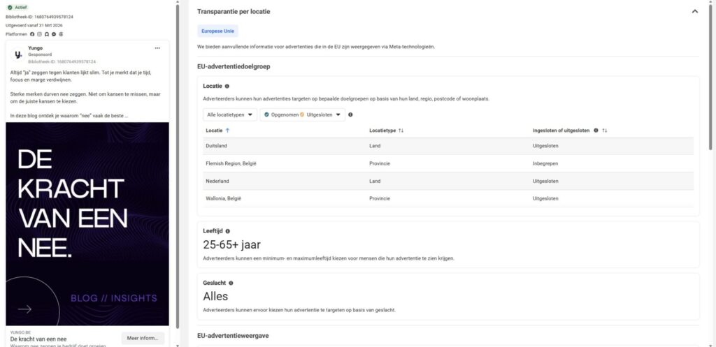 De interface van het transparantierapport van Google Ads toont details over de doelgroepgerichtheid van advertenties, waaronder locatie, leeftijd en geslacht, met een zijbalkadvertentie aan de linkerkant - vergelijkbaar met wat je vindt in de Meta ads bibliotheek.