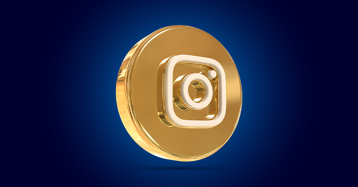 Een gouden munt met het Instagram-logo tegen een donkerblauwe achtergrond met kleurverloop.