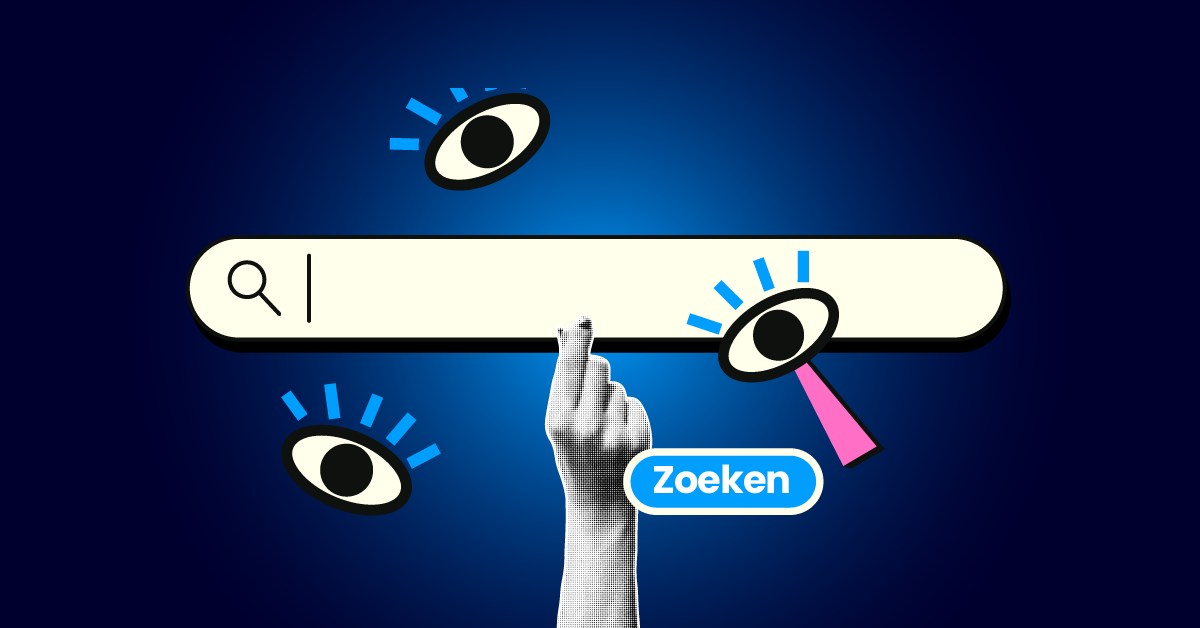 Een hand die met de vingers knipt voor een zoekbalk met een „Zoeken”-knop, omringd door getekende ogen op een donkerblauwe achtergrond.